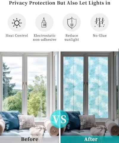 Window Privacy Film Frosted, Blue Botanical Reusable Static Cling Window Tints, Summer Palm Leaves Foliage Tropical Heat Control Windows Films for Offices, Balcony, 29.5 x 118 Inches - Image 6