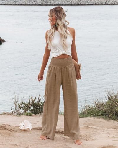 Angerella Womens Elastic High Waisted Palazzo Pants Casual Wide Leg Long Lounge Pant Trousers with Pocket - Image 2
