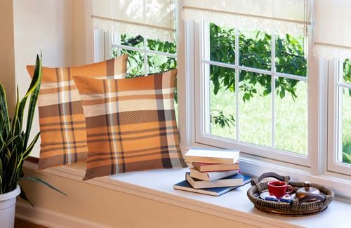 EMMTEEY Orange Brown Tartan Plaid Checkered Pillow Covers 24x24 Set of 2 - Image 4