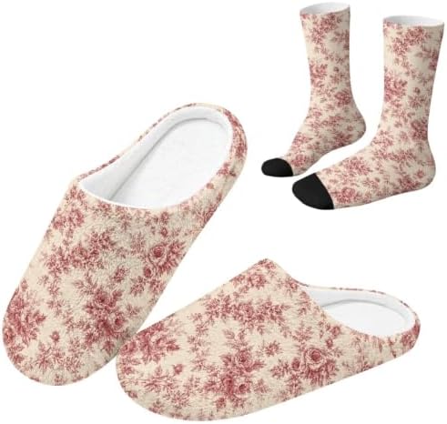 Toile de Jouy Fuzzy Slipper with Socks for Women Cozy Slipper Indoor by Baxinh
