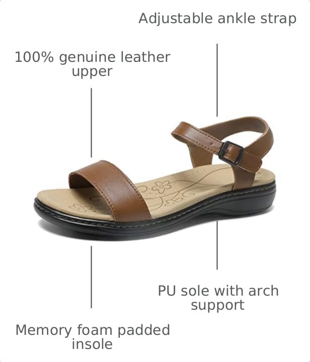 Women's Classic Flat Sandals Leather Open Toes Memory Foam One Band Ankle Strap Adjustable Slip On Shoes - Image 3