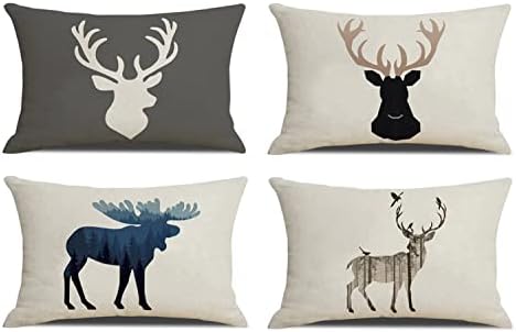 Deer Throw Pillow Covers Elk Lumbar Pillow Cover Deer Pillow Cases Oblong Rectangle Animal Moose Pillowcase Cotton Linen Decorative Cushion Covers for Couch Bed Sofa 12x20 Set of 4 by NYDECOR
