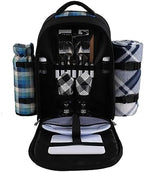Picnic Backpack, 2-Person, Blanket & Wine, Family & Lovers Gift, Blue Plaid by apollowalker