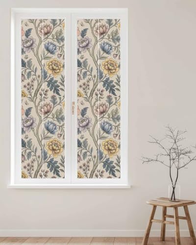 Window Privacy Film Frosted, Vintage Garden Flower Reusable Static Cling Window Tints, Rustic Floral Leaf Pastoral Beige Heat Control Windows Films for Offices, Balcony, 29.5 x 118 Inches - Image 2