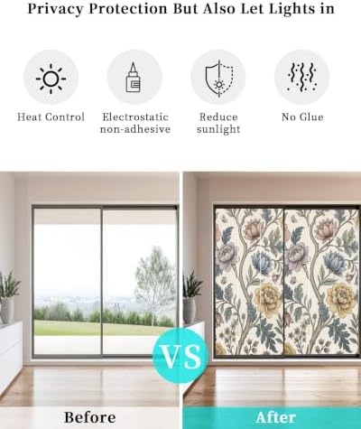 Window Privacy Film Frosted, Vintage Garden Flower Non-Adhesive Static Cling Window Tint, Rustic Floral Leaf Pastoral Plants Insulated Windows Frosted Films for Living Room, 35.4 x 78.7 Inches - Image 6