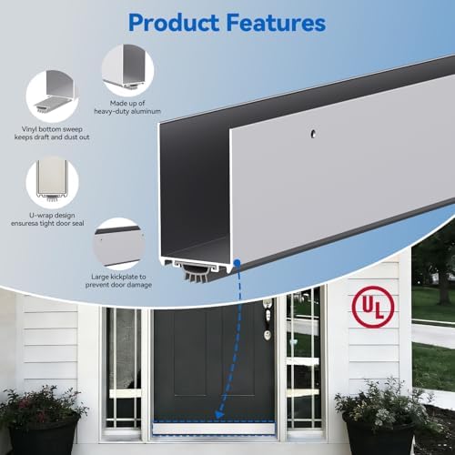 36" Metal Door Sweep with Kick Plate for 1-3/4" Thick Standard Exterior Doors, Aluminum and Vinyl U-Shape Screw-on Draft Stopper for Bottom, Blocks Dust, Insects & Drafts Saves Energy(Silver) - Image 3