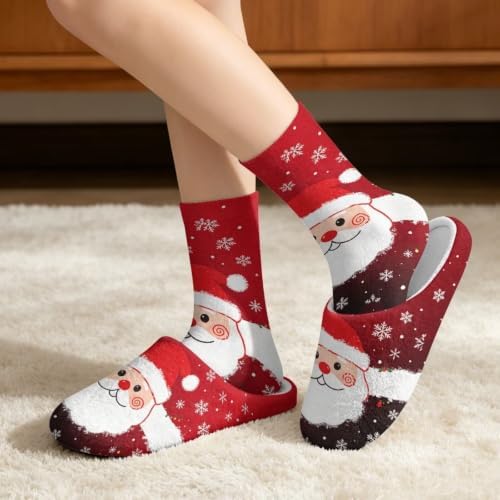 Jeiento Fuzzy Slippers and Crew Sock Set for Women Men Couple Warm Cozy Memory Foam House Shoes Soft Slip-on Slides for Home,Travel - Image 2