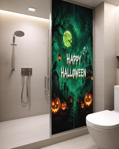 Window Privacy Film Frosted, Halloween Static Cling Door Window Covering, Green Spooky Pumpkin Ghost Moonlight Castle UV Blocking Windows Film for Office, Hotel, Bedroom, 29.5 x 78.7 Inches - Image 3
