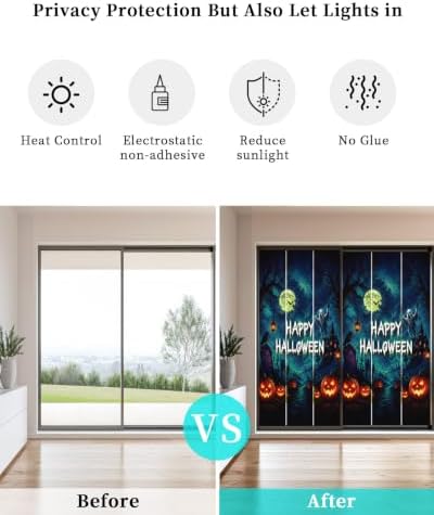 Window Privacy Film Frosted, Halloween Non-Adhesive Static Cling Window Tint, Blue Spooky Pumpkin Ghost Moonlight Castle Insulated Windows Frosted Films for Living Room, 35.4 x 78.7 Inches - Image 6