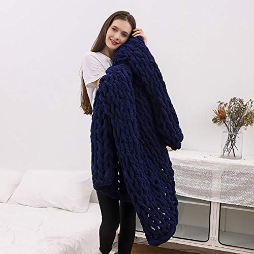 Chunky Knit Throw Blanket Chenille Yarn Soft Cozy Bulky Knitted Blanket for Sofa Bed Chair Large Hand Made Boho Home Decor Navy Blue 40x40 - Image 2