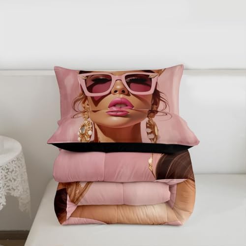 Erosebridal Pink Black Girls King Comforter Set Luxury African American Bedding Set for Girls Women Modern Fashion Woman Room Decor Afro Black Woman Duvet Insert (1 Comforter, 2 Pillowcases) - Image 6
