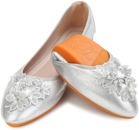 KUNWFNIX Women's Ballet Flats Foldable Classic Crown Rhinestone Slip On Bowknot PU Leather Faux Suede Pointed Toe Comfort Flat Casual Dress Shoes by KUNWFNIX