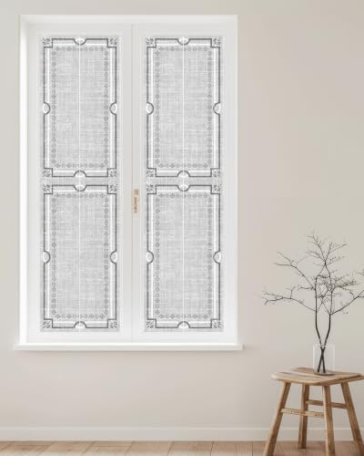 Window Privacy Film Frosted, Gray Botanical Reusable Static Cling Window Tints, Vintage Florals Geometric Minimalist Heat Control Windows Films for Offices, Balcony, 29.5 x 118 Inches - Image 2