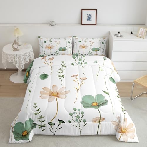 Erosebridal Watercolor Floral Comforter Set Full, Sage Green Beige Flower Bedding Set for Girls Teens Adult Women Bedroom, Modern Minimalist White Down Comforter Pastoral Branches Aesthetic Quilt - Image 2