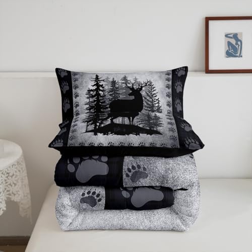 Rustic Deer Full Size Kids Comforter Set,Wild Animal Hunting Lodge Decor Bedding Comforters Bear Paw Print Bedroom Collection,Retro Farmhouse Pine Trees Grid Plaid Bedding Set for Boys Teens - Image 6