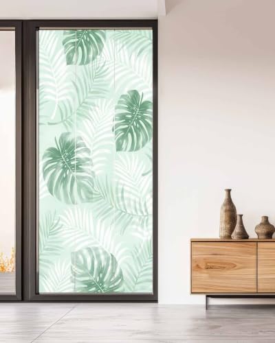 Window Privacy Film Frosted, Mint Green Palm Trees Tropical Non-Adhesive Static Cling Window Tint, Summer Beach Botanical Insulated Windows Frosted Films for Living Room, 35.4 x 78.7 Inches - Image 5