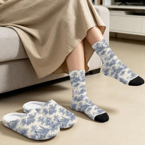 Toile de Jouy Fuzzy Slipper with Socks for Women Cozy Slipper Indoor - Image 4