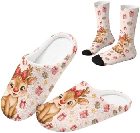 Jeiento Winter Fuzzy Slipper and Crew Socks Warm Winter Shoes Lightweight Soft Cushion House Slipper Bedroom Shoes by Jeiento