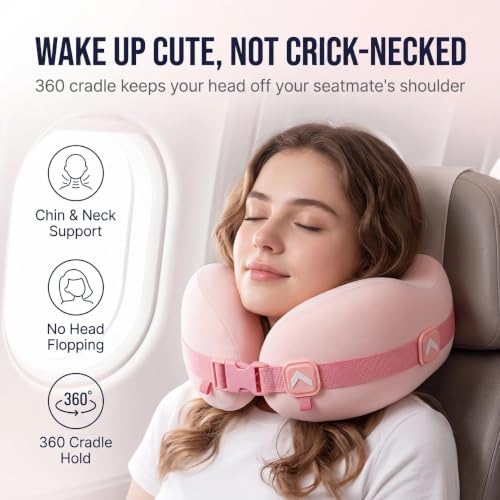 Memory Foam Travel Neck Pillow for Women and Girls, 360° Adjustable Neck Support for Airplane & Car, Hands-Free Crossbody Carry, Soft Compact Travel Pillow with Cute Storage Case for Flights (Pink) - Image 4
