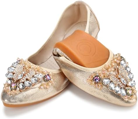 KUNWFNIX Women Ballet Flats Rhinestone Wedding Ballerina Shoes Foldable Sparkly Comfort Slip on Flat Shoes by KUNWFNIX