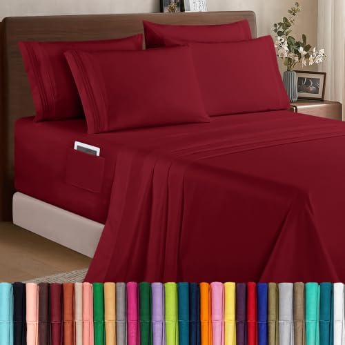 Elegant Comfort 1500 Premium Quality 6-Piece Bed Sheet Set - 18-24 Inch Extra Deep Pocket, Smart Storage Pockets, Wrinkle Free Ultra Soft 6PC Extra Deep Pocket Sheets, Queen, Burgundy by ELEGANTCOMFORT