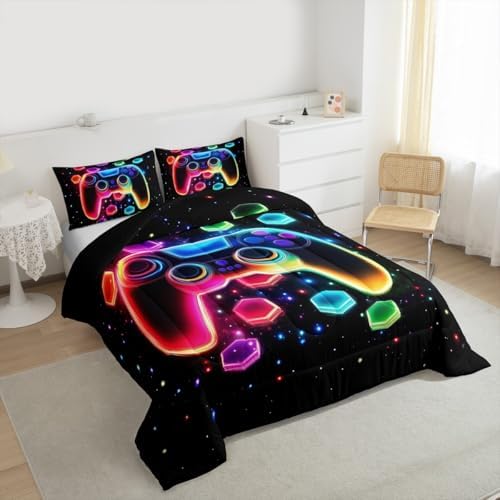 Game Consoles Kids Boys Reversible Comforter Set Twin Size,Gaming Bedding Sets Gamer Room Decor Gifts Galaxy 3D Neon Honeycomb Video Games Polyester Quilt Set,1 Pillowcase (Red Green Blue) - Image 6