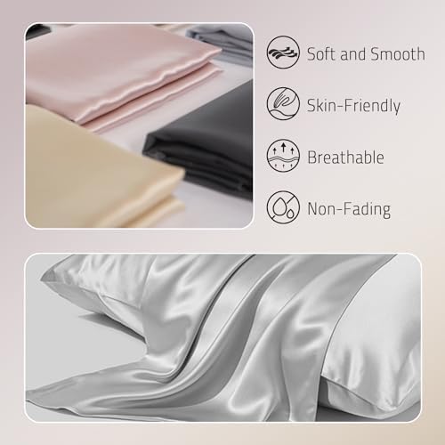 Gabire Mulberry Silk Pillowcases Set of 2, Both Sides Real Silk Pillow Covers for Hair and Skin Cool Pillowcase Organic Silk Pillowcase 2 Pack with Hidden Zipper, Silver Grey, King (20"×36") - Image 2