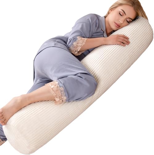1 MIDDLE ONE Body Pillow for Adults, Long Bolster Pillow for Bed, Decorative Round Roll Hug Pillow with Corduroy Cover (Off-White, 47x7.87 inch) by 1MIDDLEONE