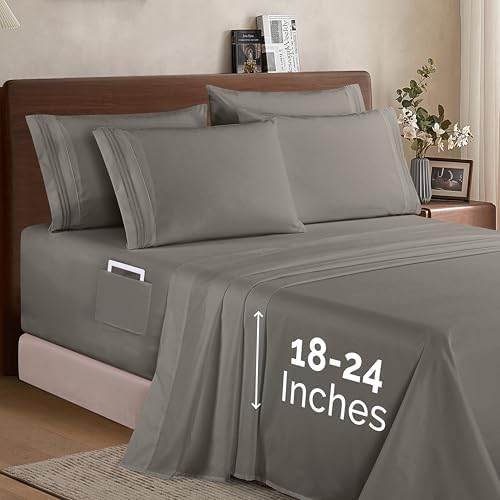 Elegant Comfort 1500 Premium Quality 6-Piece Bed Sheet Set - 18-24 Inch Extra Deep Pocket, Smart Storage Pockets, Wrinkle Free Ultra Soft 6PC Extra Deep Pocket Sheets, Queen, Gray - Image 2