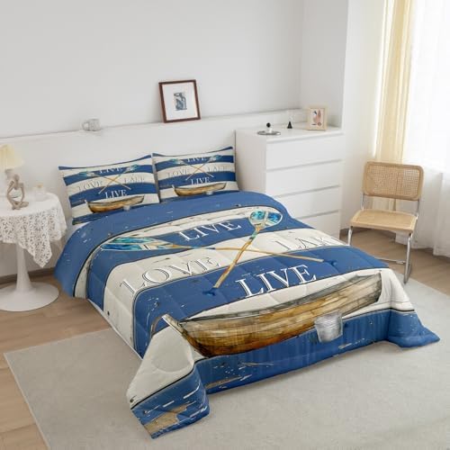 Erosebridal Lake House Decor Bedding Set For The Home King Size Rustic Farmhouse Cabin Lodge Comforter Gift Lover,Lake Paddle Boat Quilt Duvet Love Life Camper 2 Pillow Cases, Multi 56 - Image 3