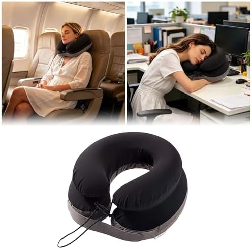 Double-Layer Inflatable Neck Pillow, Press-to-Inflate U-Shaped Pillow, Portable Neck Support for Office Trip Travel, Black - Image 5