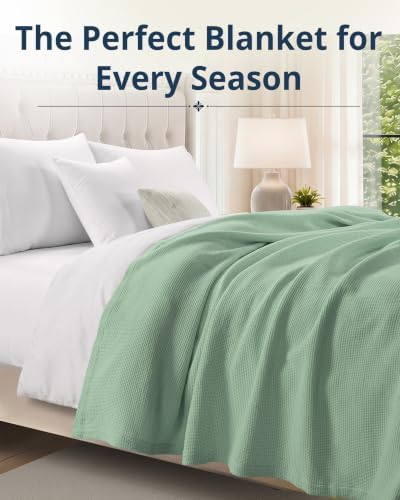 LANE LINEN 100% Cotton Blanket Twin, 300 GSM Waffle Textured - Sage Green - Image 2