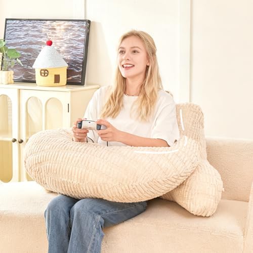 17" Reading Pillow for Bed,U Shaped Arm & Elbow Support,White Corduroy by PAJEO