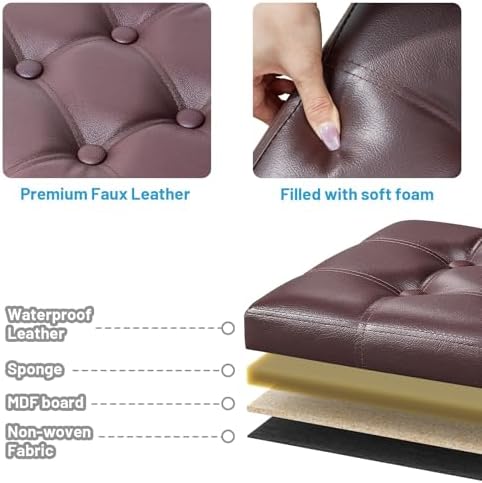 Bsketa Storage Ottoman Bench,16 Inch Folding Leather Foot Rest Stool, Brown - Image 6