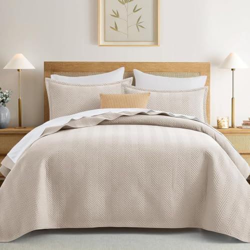 IR Imperial Rooms Quilts Queen Size Bedding Set Beige Bedspread Wave by IRImperialRooms