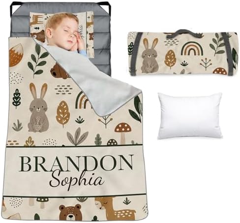 Personalized Toddler Nap Mat for Boys, Custom Name Kids Sleeping Mat for Preschool, Daycare Cot Nap Mat with Corner Straps, Roll-Up Slumber Mat with Soft Blanket & Pillow by YISMEET