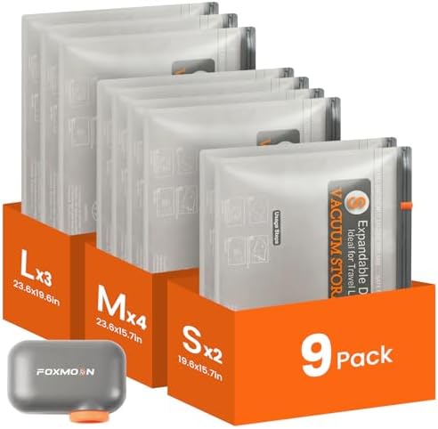 Vacuum Bags for Clothing Travel with Rechargeable Electric Pump, 9 Pack Compression Vacuum Storage Bags for Luggage and Seasonal Storage, Space Saver Seal Bags for Cruise and Vacation by Foxmoon