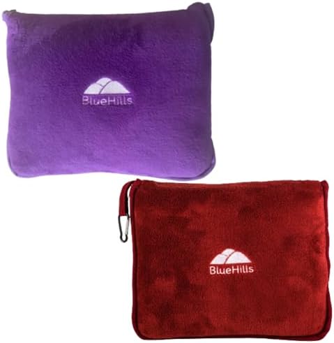 BlueHills Travel Blanket Pillows for Two Airplane Traveling Essentials Flight Throws in Bag case with Backpack Clip Compact Large Plane Accessories – Purple and Red by BlueHills
