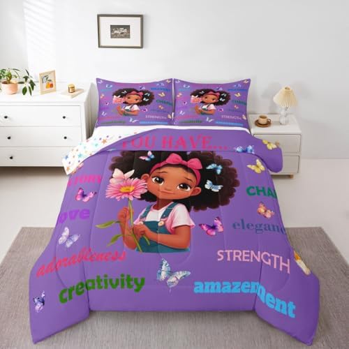 Erosebridal Black Girls Magical Comforter Set Butterflies Inspirational Quotes King Bedding Set African American Comforter Afro Pretty Girls Duvet Insert for Nursery Kids Princess Cute Room Decor by Erosebridal