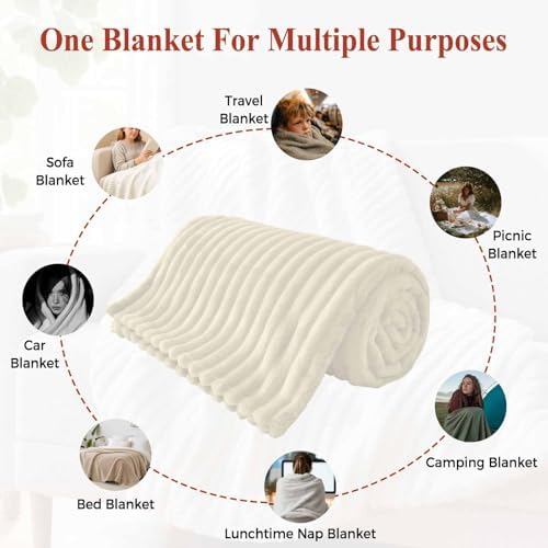 Cream Throw Blanket, Farmhouse Solid Color Fluffy Soft Blankets for Couch Bed Travel, Minimalist Plush Microfiber Striped Flannel Blankets, Modern Lightweight Sofa Blankets 40"x60" - Image 7