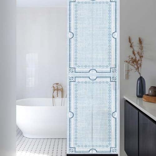 Window Privacy Film Frosted, Pale Blue Botanical Reusable Static Cling Window Tints, Vintage Florals Geometric Minimalist Heat Control Windows Films for Offices, Balcony, 29.5 x 118 Inches - Image 3