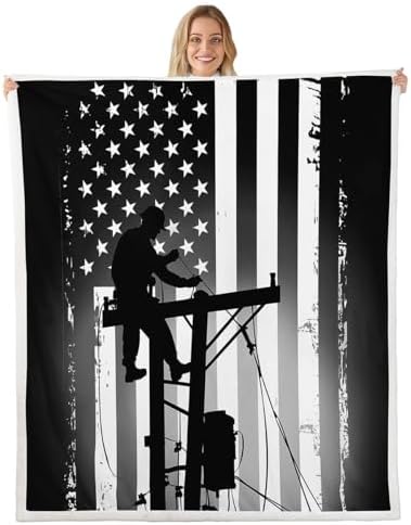 Erosebridal Lineman Blanket Vintage American Flag Blankets Electrician Lineman Silhouette Print Striped Throw Blanket for Bed Sofa Couch Gray Black 60”x80” by Erosebridal