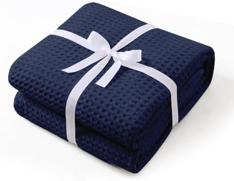 100% Egyptian Cotton Waffle Weave Throw Blanket for Bed Couch Sofa Home Decor, Soft Lightweight Bed & Couch Blanket for All Seasons (Navy Blue - Queen Size - 90 * 90") by ZaizaiHome