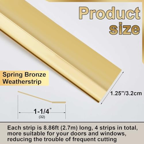 Zonon 1-1/4" W x 35.43' L Spring Bronze Weather Stripping Metal Brass Weather Strip Copper Weatherstripping for Exterior Old Door or Window Seal with Mounting Nails(Flat) - Image 2
