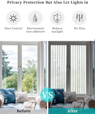 Window Privacy Film Frosted, Green Lines Reusable Static Cling Window Tints, Modern Vertical Striped Vintage Minimalist Heat Control Windows Films for Offices, Balcony, 29.5 x 118 Inches - Image 6