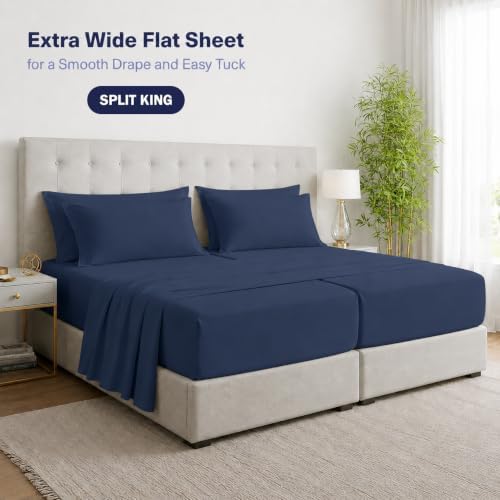 Kickoff Viscose Bamboo Sheets Split King Size 5-pc 100% Organic Bamboo Viscose Bed Cooling Sheets Split King Size Set Cool Bedding for hot Sleepers Sheet Set - Gift Ready Packaging (Navy, SK) - Image 3