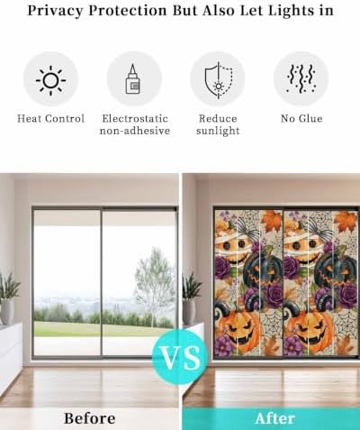 Window Privacy Film Frosted, Pumpkins Halloween Non-Adhesive Static Cling Window Tint, Black Horror Purple Floral Beige Insulated Windows Frosted Films for Living Room, 35.4 x 78.7 Inches - Image 6