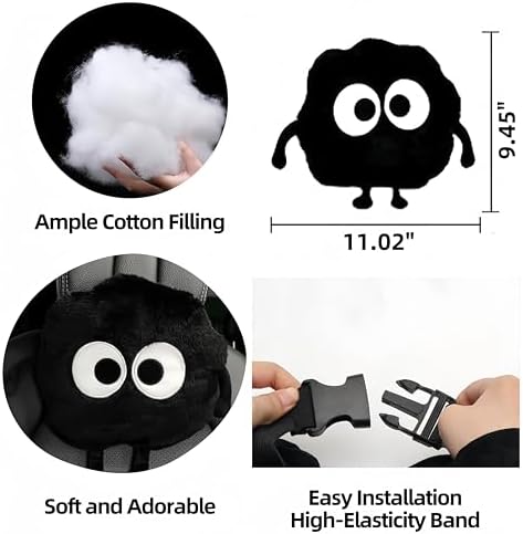 Car Headrest Pillow & Steering Wheel Cover Set with Cute Big-Eyed Furball Travel Neck Support Pillow Fur Car Interior Accessory (Black 5Pcs Set) - Image 4