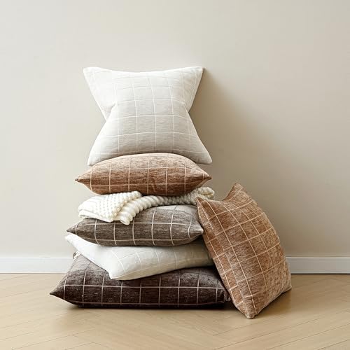 Decorative Chenille Plaid Fall Throw Pillow Covers Camel 24x24 Set of 2 - Image 5