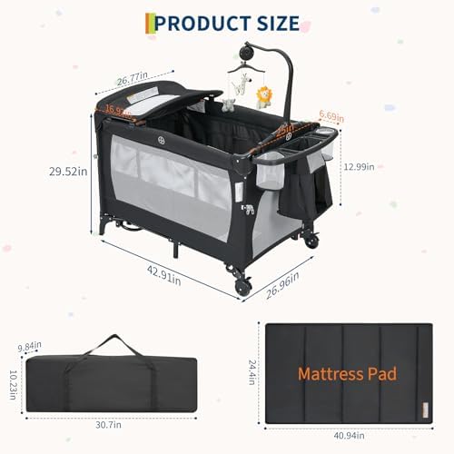 4 in 1 Pack and Play, Portable Travel Baby Bassinet with Rocking Bassinet & Diaper Changing Table, Infant Baby Playard with Mattress, Large Toddler Playpen,Storage Pocket，Carry Bag & Rotating Toy Bar - Image 3